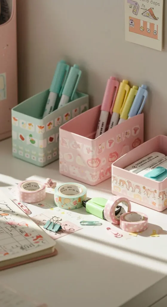 13 Aesthetic Craft Ideas for Study Table 2 1. DIY Washi Tape Desk Organizers
