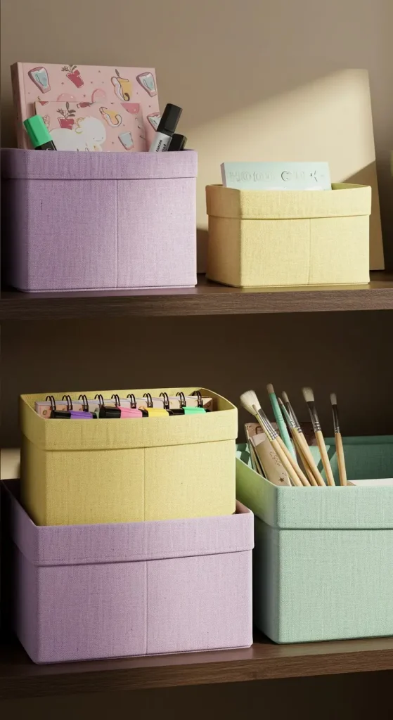10 Aesthetic Craft Ideas for Desk Organization & Decor 3 2. Fabric-Covered Storage Boxes