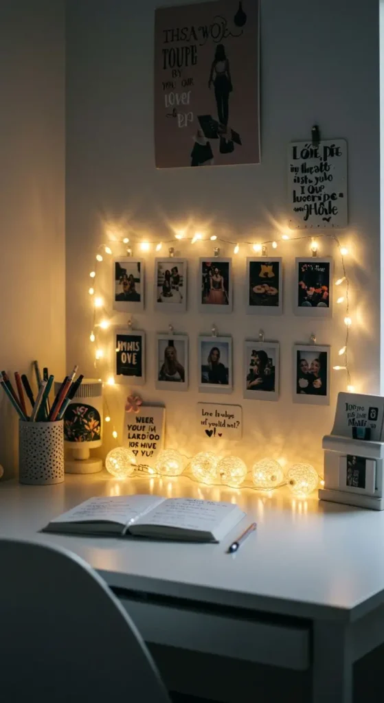 13 Aesthetic Craft Ideas for Study Table 6 5. DIY Fairy Light Desk Decor