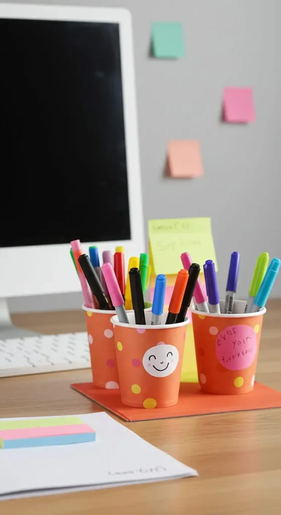 13 Craft Ideas For Paper Cups 6 5. Paper Cup Desk Organizer