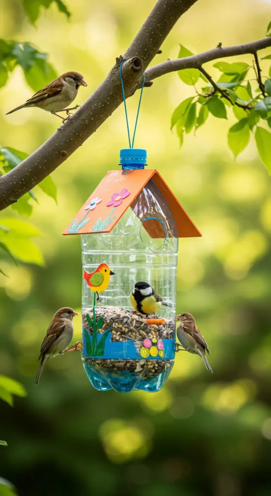 12 Bottle Craft Ideas for Kids 7 6. DIY Hanging Bird Feeder