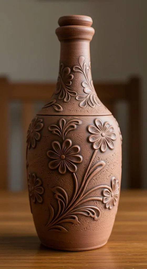 11 Bottle Craft Ideas Decoration 9 8. DIY Clay-Decorated Bottle