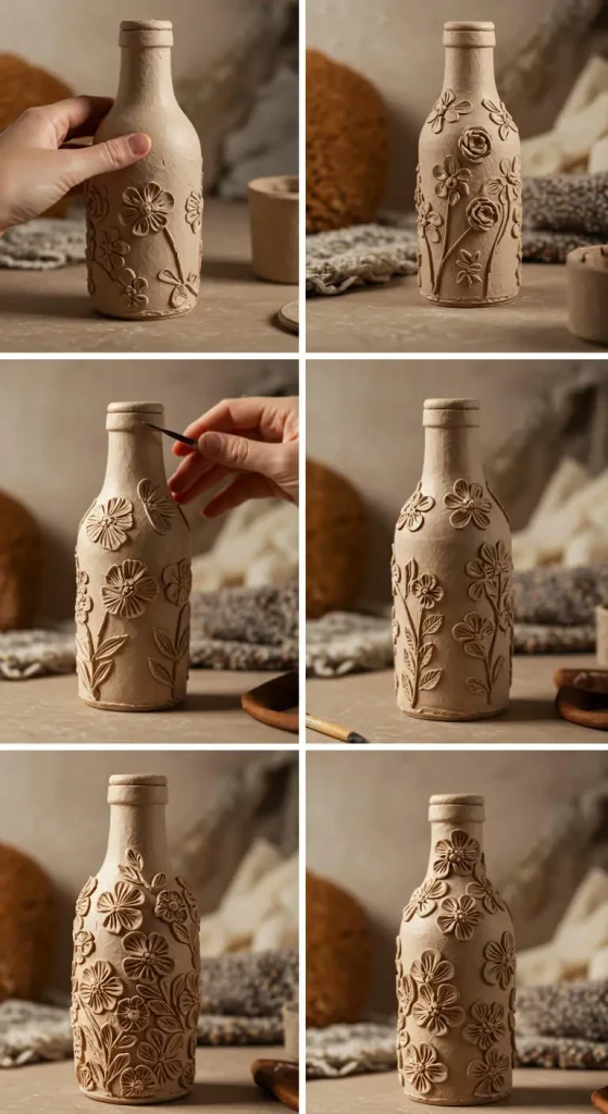 10 Bottle Craft Ideas DIY 9 8. DIY Clay-Decorated Bottle