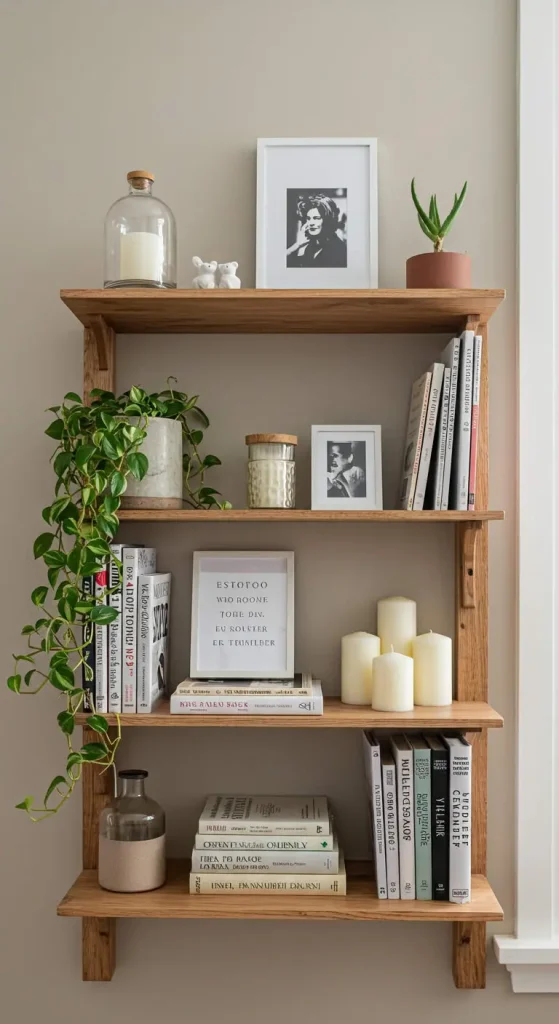 13 Simple Craft Ideas For Room Decor DIY 9 8. Wooden Shelf with Decorative Items