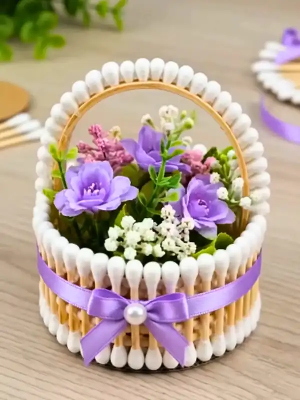 14 Aesthetic Craft Ideas for Teens Using Stuff You Already Own 2 Cotton Swab Basket With a Ribbon Bow