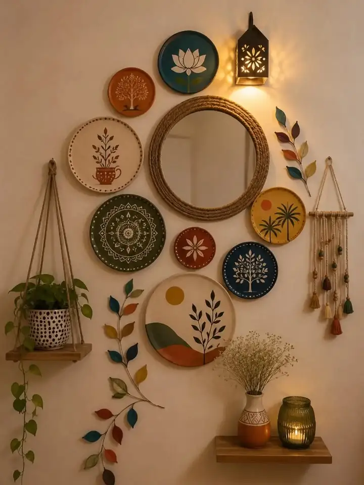 Painted Plate Gallery Wall Around a Rope Mirror