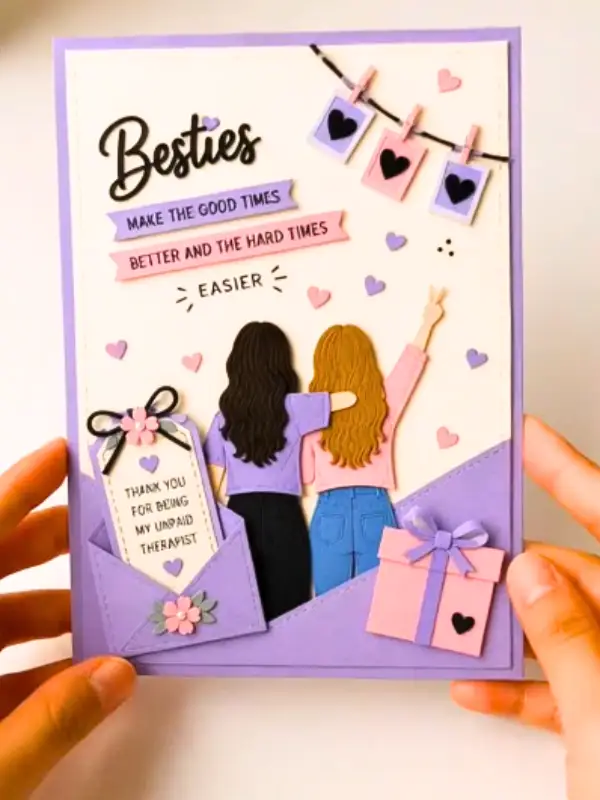 17 Easy Best Friend Craft Ideas Your Bestie Will Actually Keep 3 Layered "Besties" Card With a Thank You Pocket