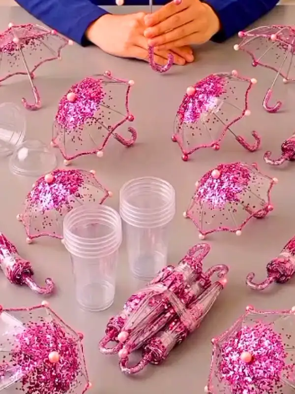 Tiny Glitter Umbrellas Made From Clear Plastic Cups