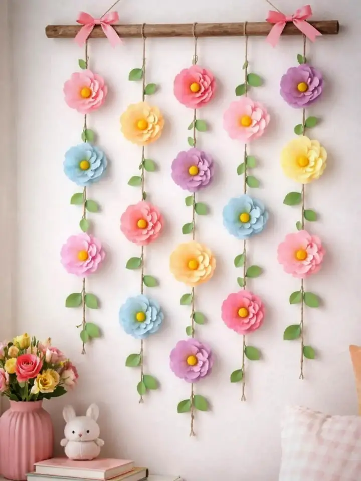 Pastel Paper Flower Strands on a Wooden Stick