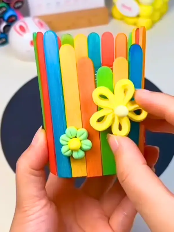 Rainbow Popsicle Stick Pen Holder On A Bottle Base