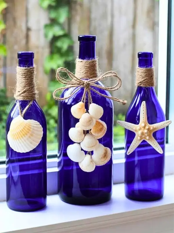 Cobalt Glass Bottles Wrapped in Twine and Shells