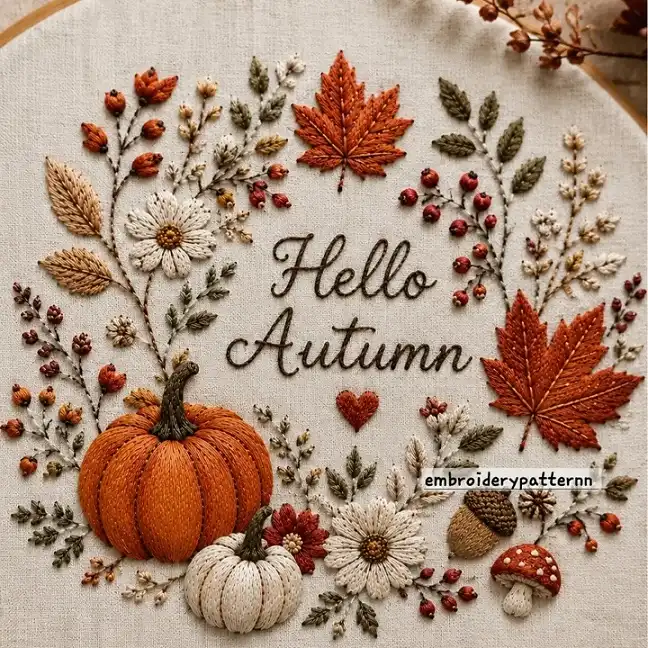 Embroidery hoop, "Hello Autumn" script, orange and cream pumpkins