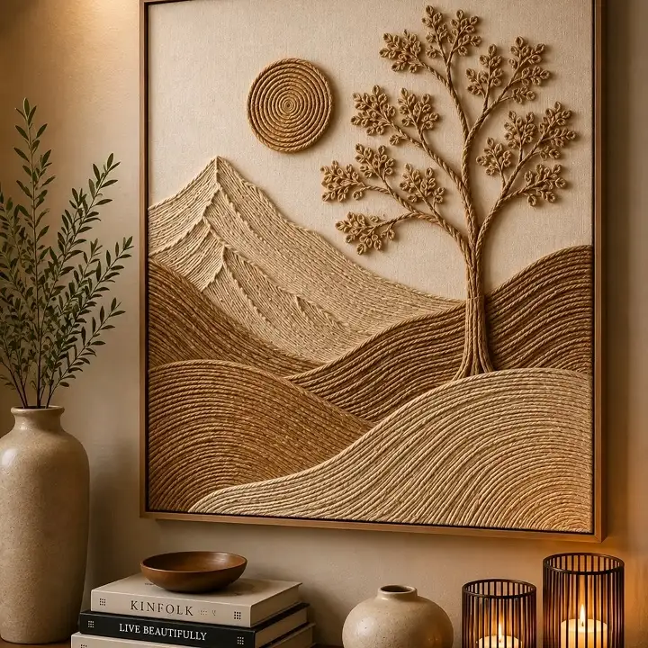 Framed Jute Rope Landscape with a Coiled Sun