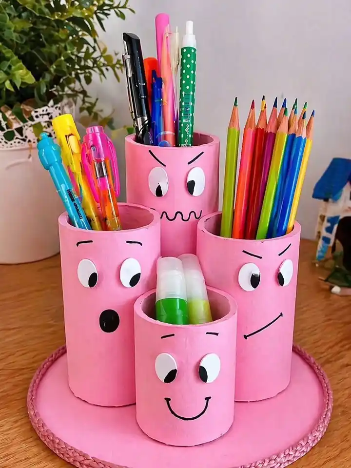 Cardboard Tube Desk Pots With Faces Drawn On