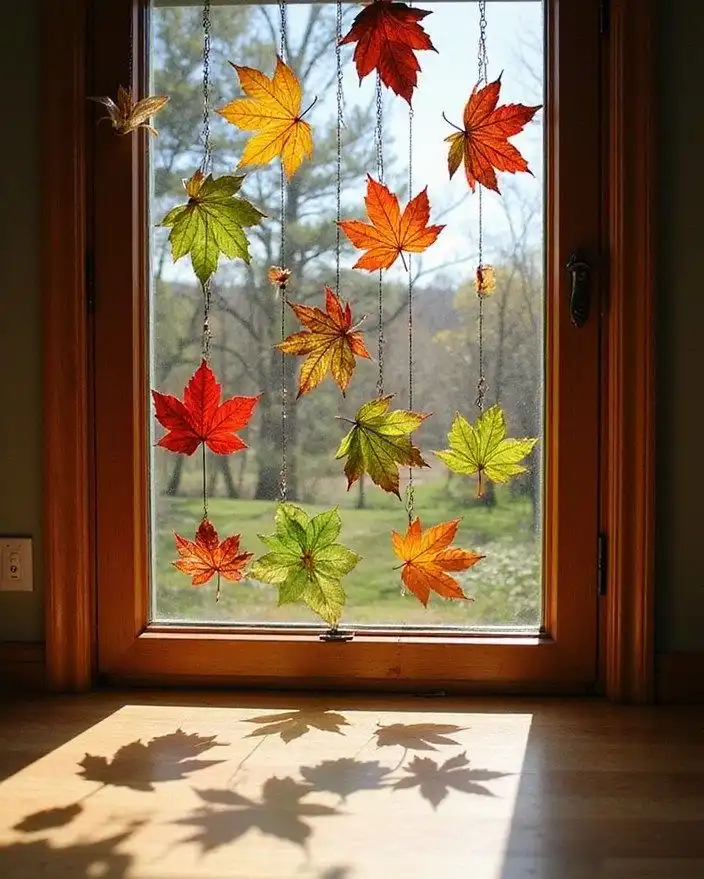 Pressed Leaf Suncatchers Strung Across a Window