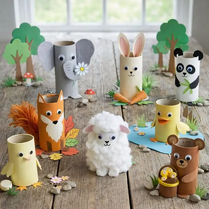 17 Creative Craft Ideas Using Paper Towel Rolls 6 A Whole Animal Set From One Basic Shape