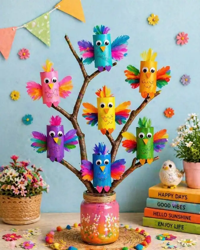 17 Creative Craft Ideas Using Paper Towel Rolls 8 Feather Birds Perched on a Branch