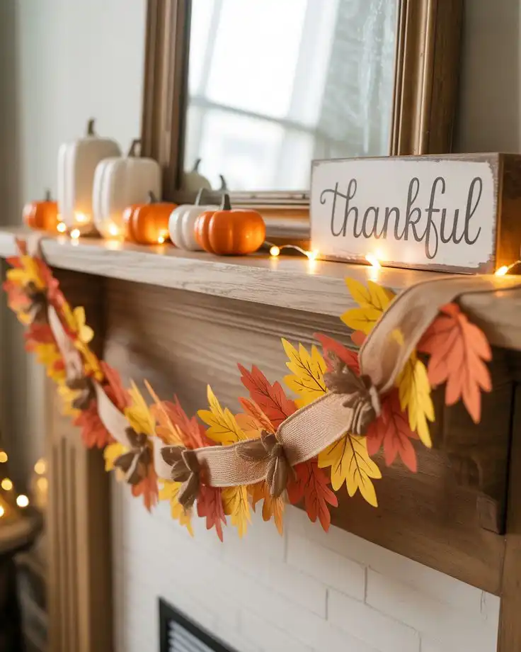 Paper Leaf Garland Draped Along a Ribbon