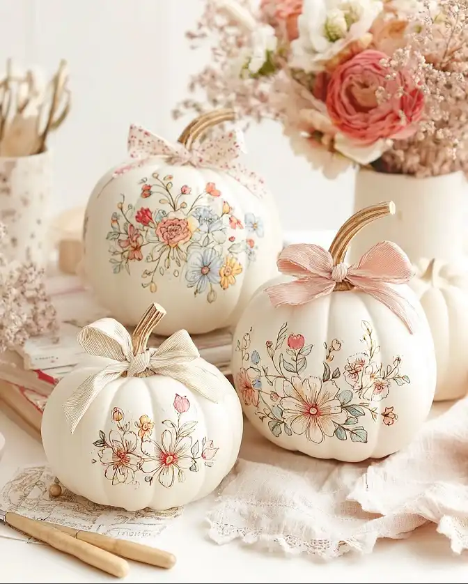 Hand Drawn Florals on Plain White Pumpkins