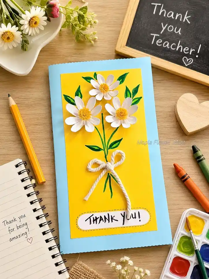 18 Friend Craft Ideas For Kids That Are Fun to Make and Even Better to Give 7 A Paper Daisy Thank You Card With a Twine Bow