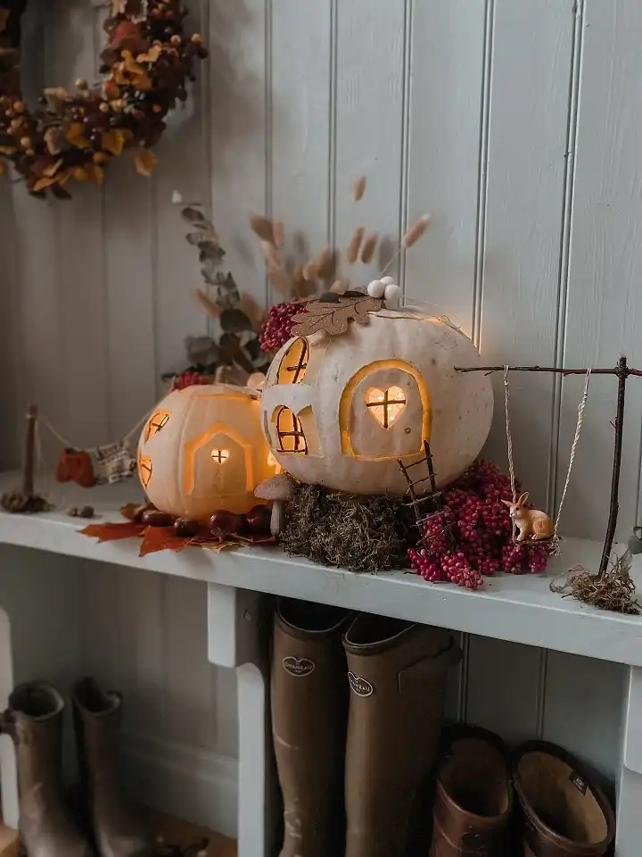 Carved Pumpkin Cottages With Tiny Glowing Windows