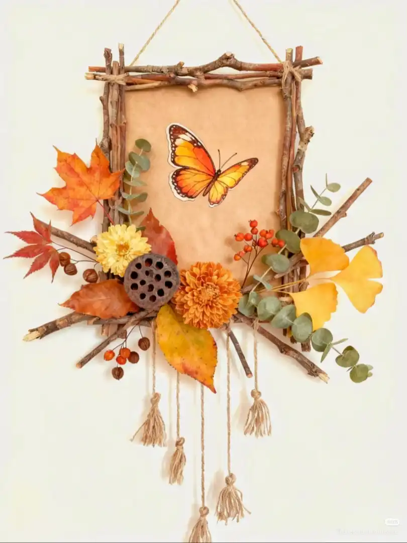 Twig Frame Wall Hanging With Leaves Spilling Over the Edge
