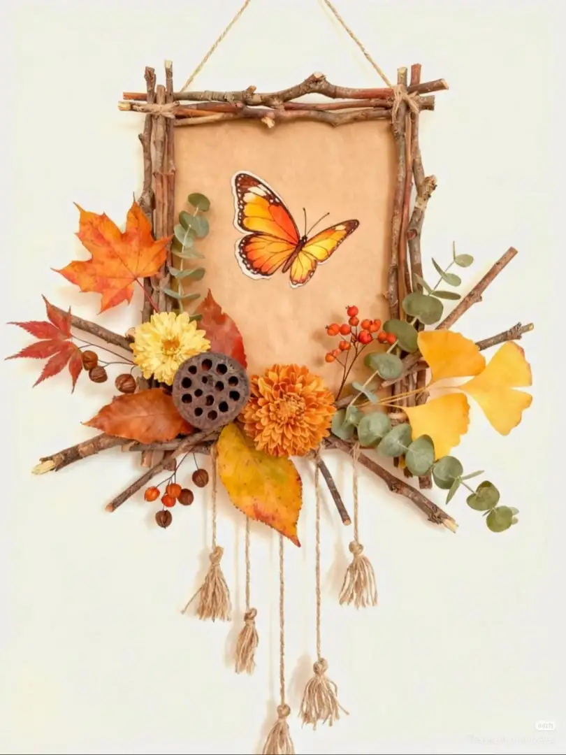 Twig Frame Wall Hanging with Autumn Leaves