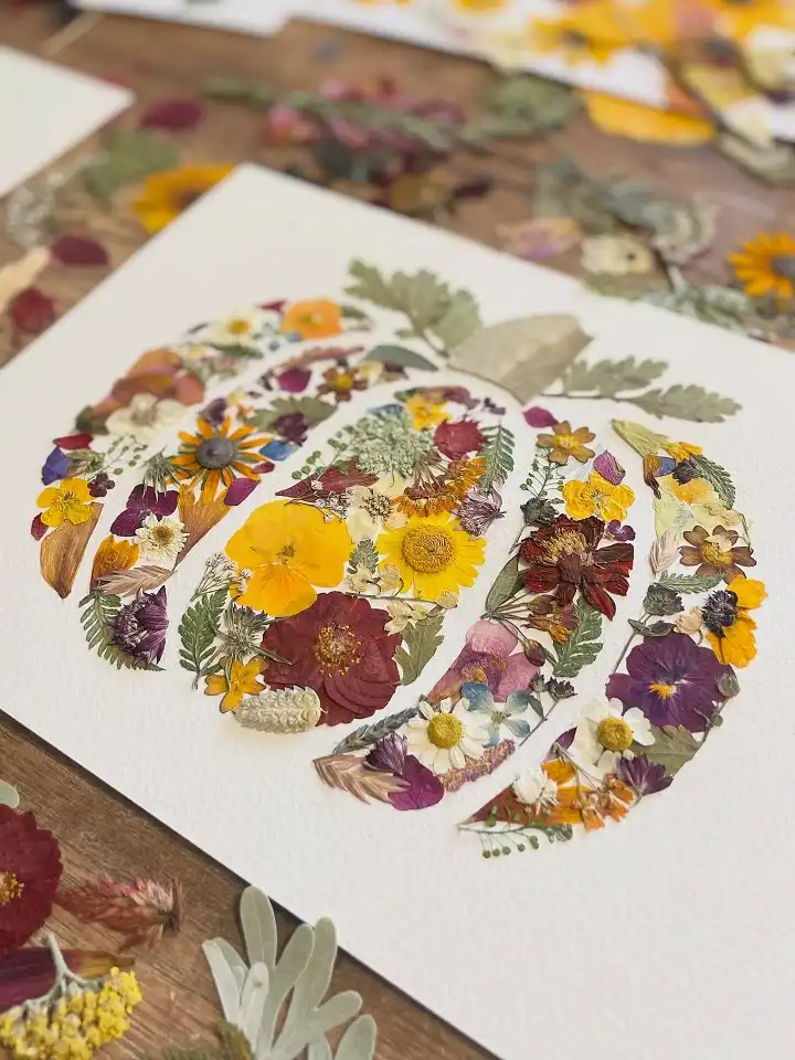 Pressed Flower Pumpkin Made From a Summer Garden