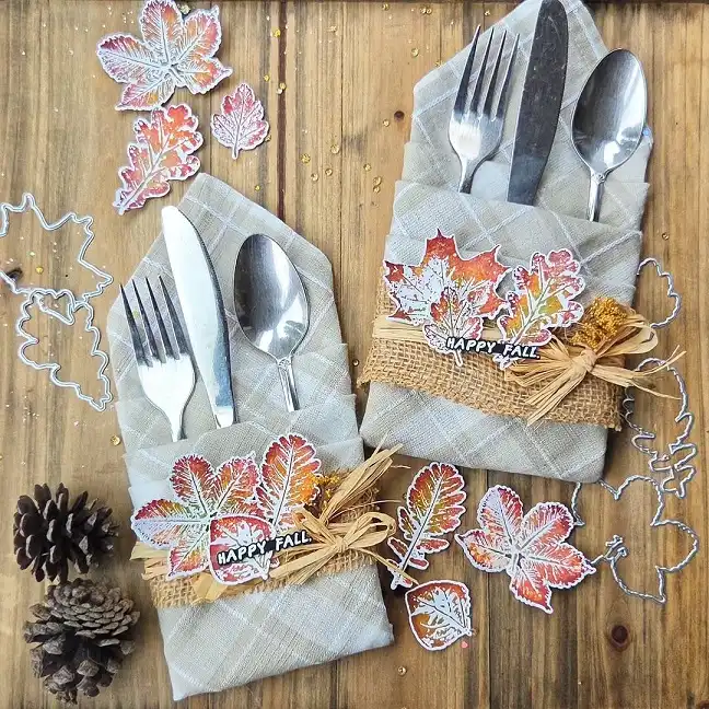 Stamped Leaf Cutlery Pockets in Burlap and Linen