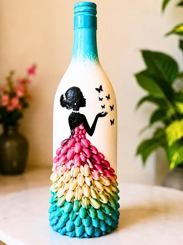 Pistachio Shell Gown on a Painted Glass Bottle