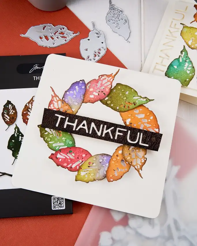 A THANKFUL Card Built From Ink Blended Leaf Die Cuts