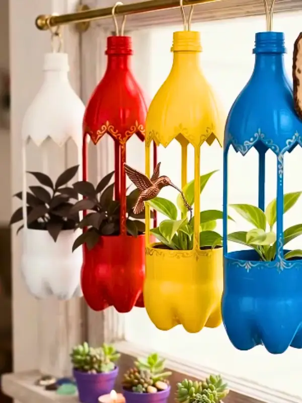 Soda Bottle Lantern Planters for a Window Rail