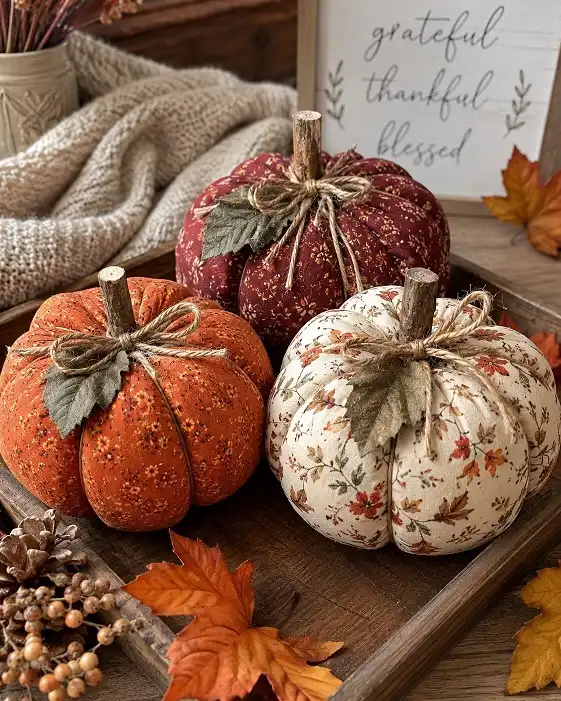 Floral Fabric Pumpkins With Real Twig Stems