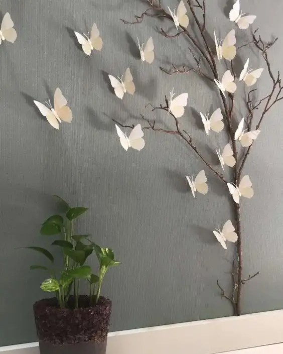 Real Branch with White Paper Butterflies