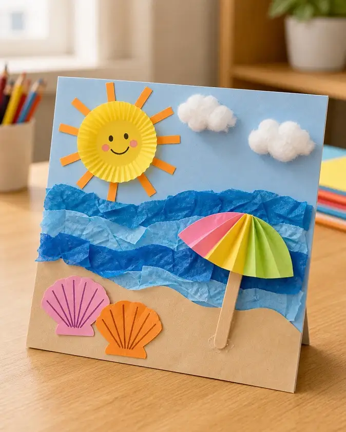 17 Craft Ideas for Kids Age 8 That Don't Feel Like Busywork 4 A Cupcake Liner Sun Lights Up This Pop-Up Beach Card