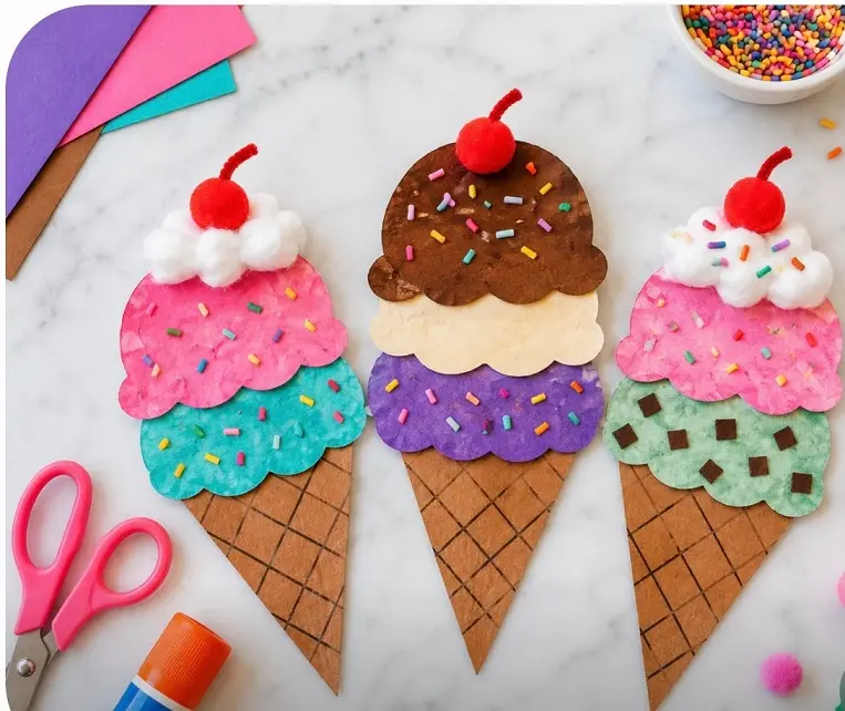 17 Craft Ideas for Kids Age 8 That Don't Feel Like Busywork 8 Triple Scoop Paper Cones Stack Sprinkles Three Colors Deep