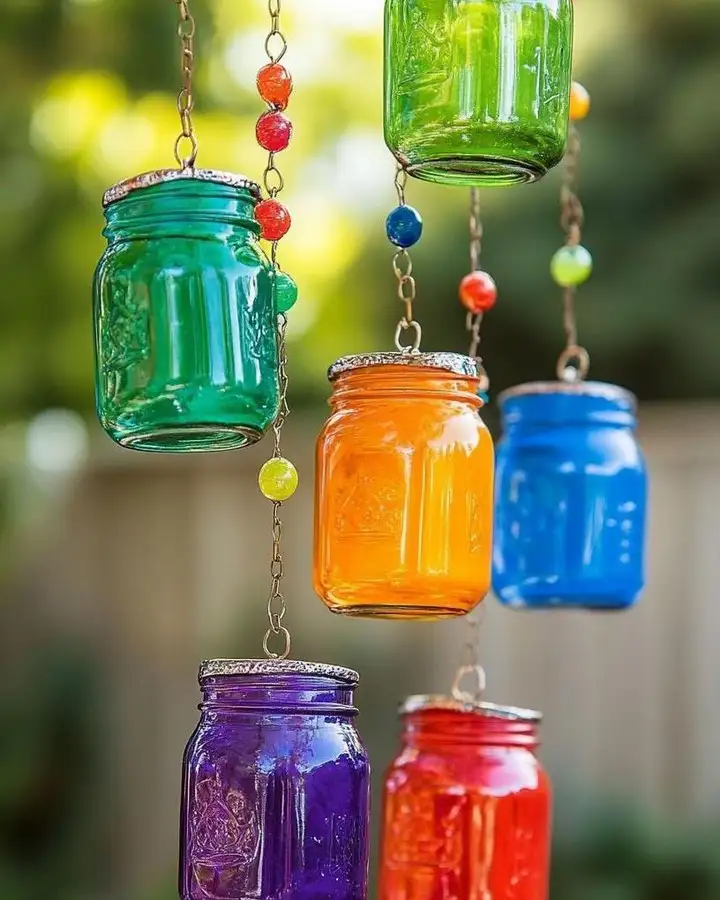 Colored Glass Jar Lanterns Strung on Beaded Chains