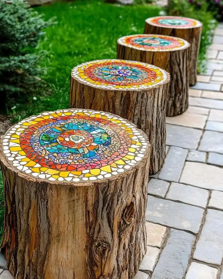 Mosaic Topped Stumps That Turn Cut Logs Into Garden Seats