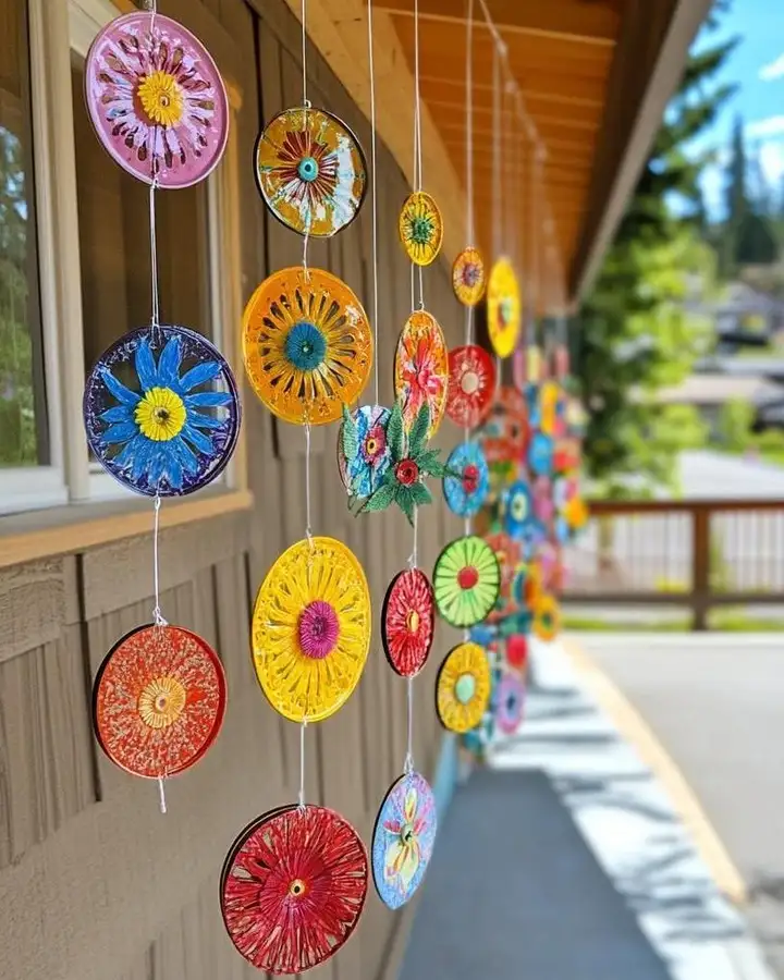 Painted Disc Suncatchers Along a Bare Porch Wall
