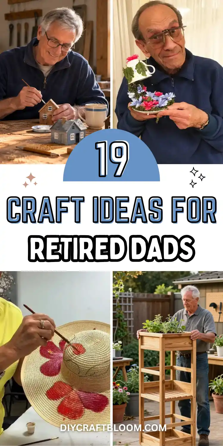 A smiling retiree in glasses paints tiny wooden houses at a rustic woodworking bench, a striped coffee mug nearby. Another man holds up a floating teacup flower craft in blue and pink. Below, a brush adds red flowers to a straw sun hat, and a gray haired man stands beside a tall DIY wooden planter stand in a backyard garden. Bold blue and white text reads 19 Craft Ideas for Retired Dads.
