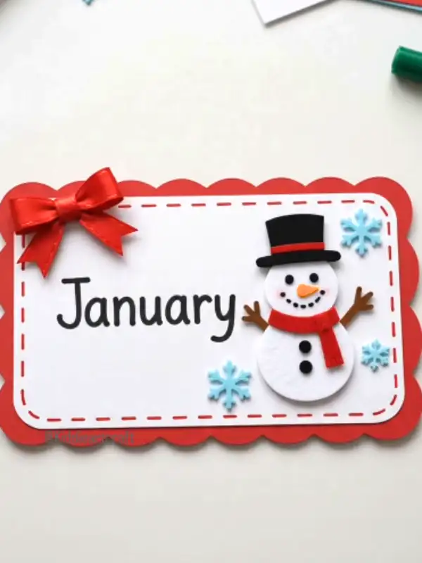 15 Easy Paper Crafts DIY for Teachers: Quick Classroom Wins 2 Scalloped red and white January card with a snowman, a red bow, and pale blue snowflakes.