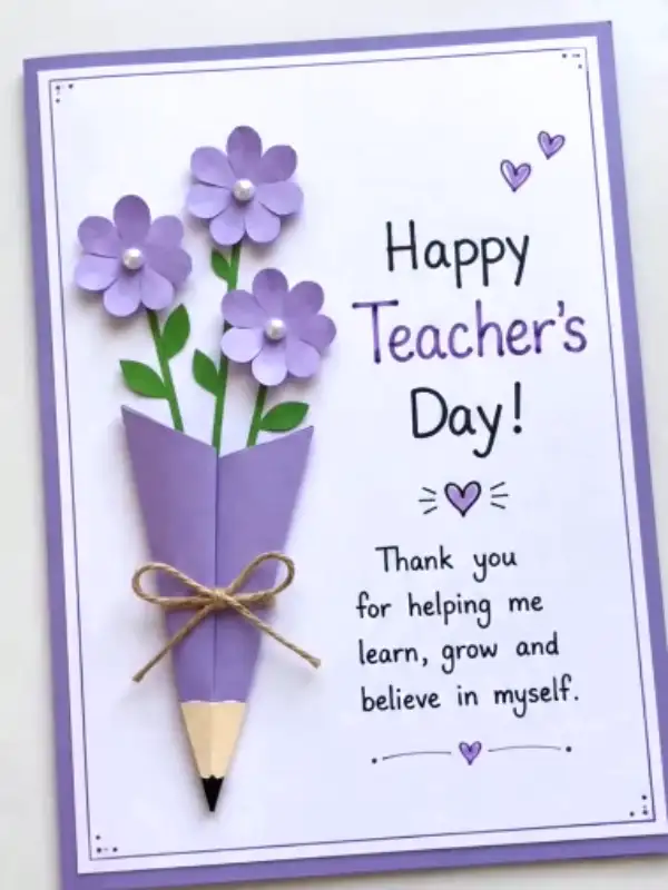 15 Easy Paper Crafts DIY for Teachers: Quick Classroom Wins 3 White Teacher's Day card with a folded purple paper pencil holding three lavender flowers and a twine bow.