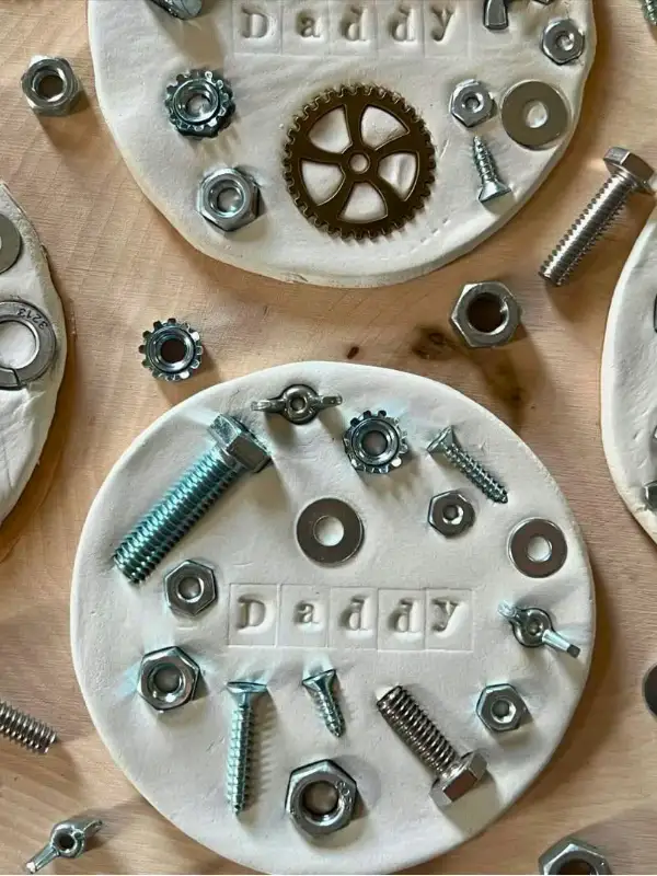 Clay Disc Pressed With Real Hardware for a Dad Who Loves His Workshop