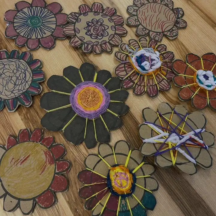 Yarn Weaving on Cardboard Flowers