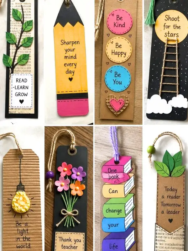 15 Easy Paper Crafts DIY for Teachers: Quick Classroom Wins 4 Simple paper projects for kids: eight bookmarks with quotes, stacked books, a pencil, and twine loops.