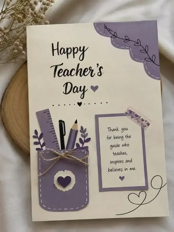 15 Easy Paper Crafts DIY for Teachers: Quick Classroom Wins 7 Low prep classroom craft of a cream card with a lavender pocket holding a paper ruler, pen, and pencil.