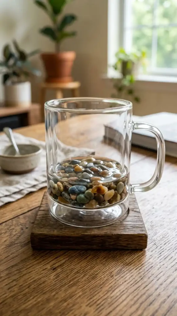 Minimalist Mug Designs – 10 Chic DIY Mug Ideas for Modern Style 4 2. Clear Glass Mug With Floating Pebbled Accent