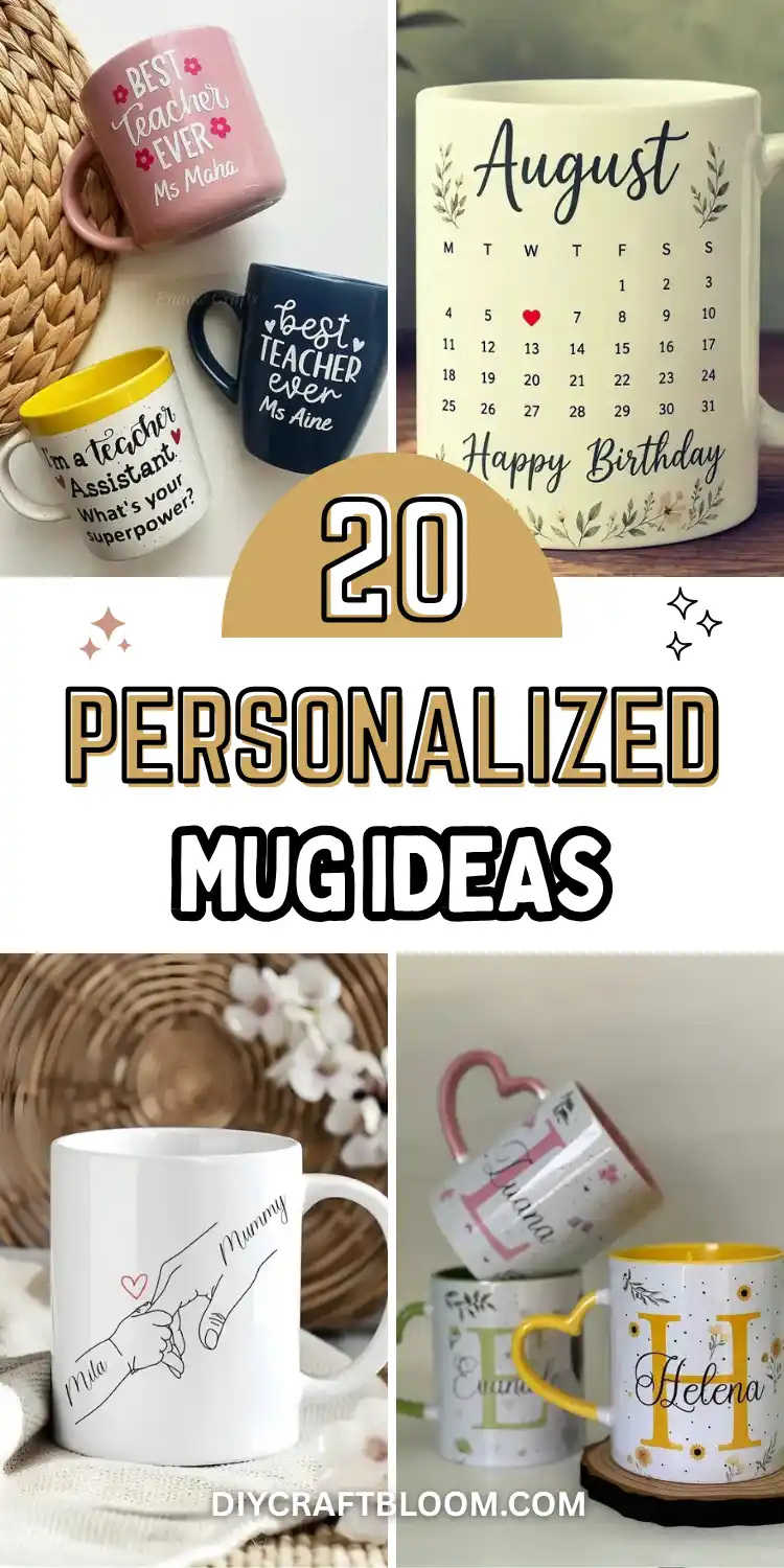 Pin collage of four personalized mug ideas around the words 20 Personalized Mug Ideas in bold gold and white. Top left, pink, navy, and yellow rim teacher gift mugs sit on a woven mat. Top right, an August calendar birthday mug marks one date with a red heart. Below, a line art mom and baby hand mug reads Mila and Mummy, beside Helena and other monogram name mugs with heart handles. Warm neutral tones suit DIY handmade gift ideas.