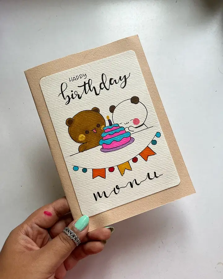 A Hand Painted Bear and Panda Cake Card