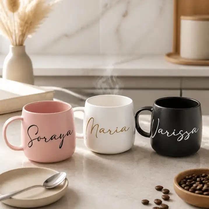 Matching Script Name Mugs for a Friend Group